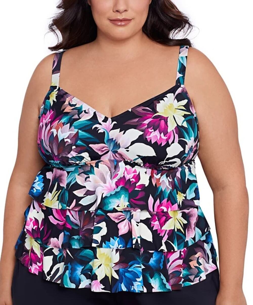 Swim Solutions Plus Size Floral-Print Tiered Tankini Top In Dark Lotus